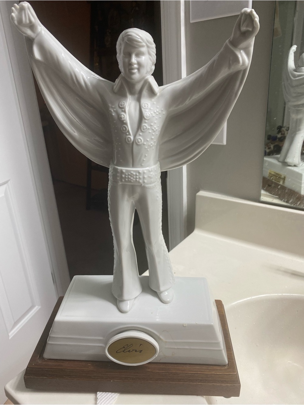 White Elvis Porcelain Figurine with Wood Base